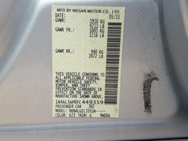 1N4AL3AP0FC449359 - 2015 NISSAN ALTIMA 2.5 SILVER photo 10