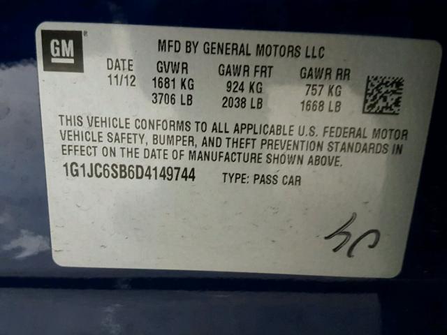 1G1JC6SB6D4149744 - 2013 CHEVROLET SONIC LT BLUE photo 10