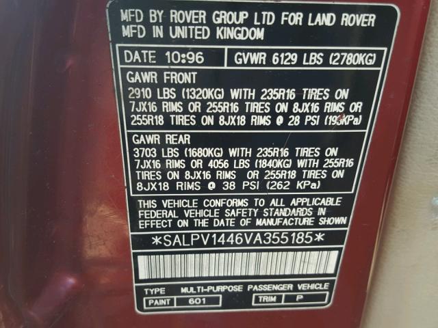 SALPV1446VA355185 - 1997 LAND ROVER RANGE ROVE RED photo 10