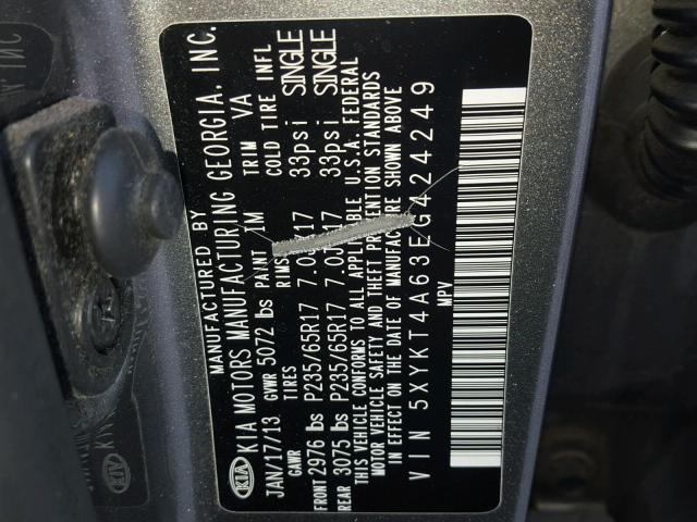 5XYKT4A63EG424249 - 2014 KIA SORENTO LX GRAY photo 10