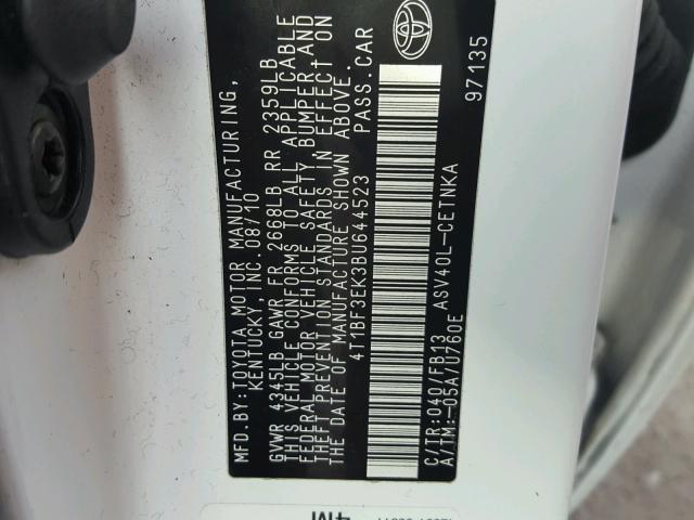 4T1BF3EK3BU644523 - 2011 TOYOTA CAMRY BASE WHITE photo 10