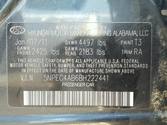 5NPEC4AB6BH222441 - 2011 HYUNDAI SONATA SE BLUE photo 10