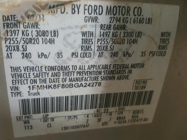 1FMHK8F80BGA24278 - 2011 FORD EXPLORER L BEIGE photo 10