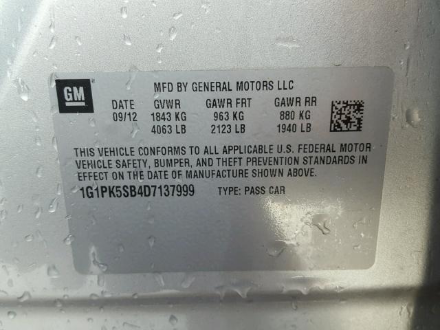 1G1PK5SB4D7137999 - 2013 CHEVROLET CRUZE LT SILVER photo 10