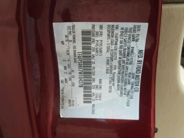 1FAFP34N17W104278 - 2007 FORD FOCUS ZX4 RED photo 10