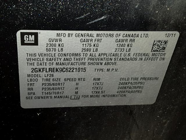 2GKFLREK9C6221015 - 2012 GMC TERRAIN SL CHARCOAL photo 10