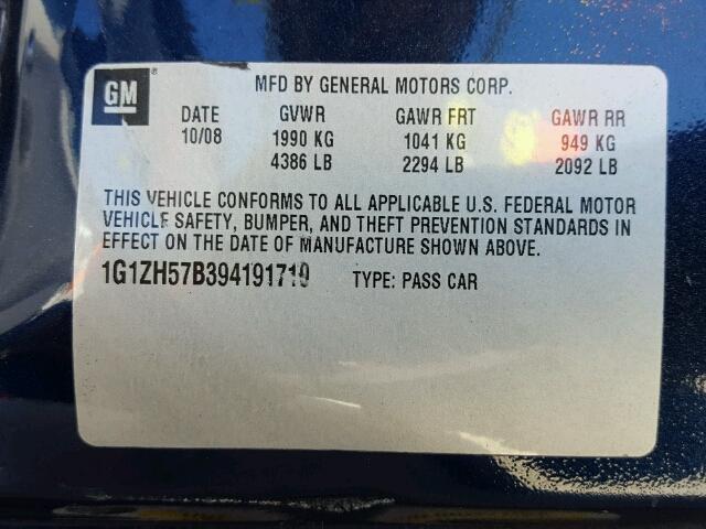 1G1ZH57B394191710 - 2009 CHEVROLET MALIBU 1LT BLUE photo 10