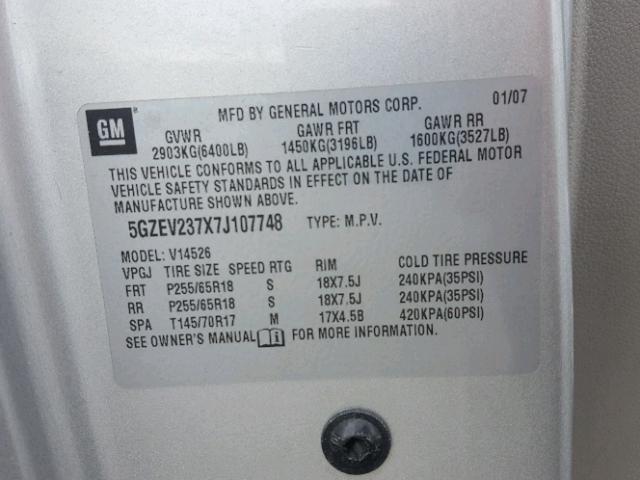 5GZEV237X7J107748 - 2007 SATURN OUTLOOK XR ნაცრისფერი ფოტო 10