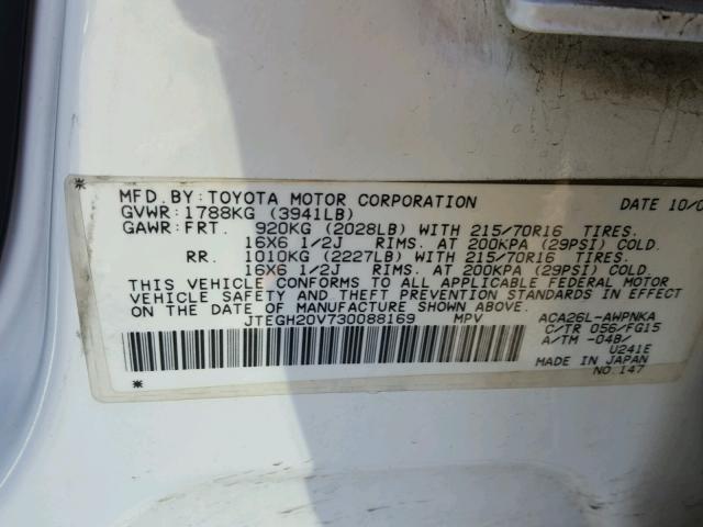 JTEGH20V730088169 - 2003 TOYOTA RAV4 WHITE photo 10