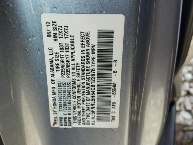 5FNRL5H64CB122676 - 2012 HONDA ODYSSEY EX BLUE photo 10