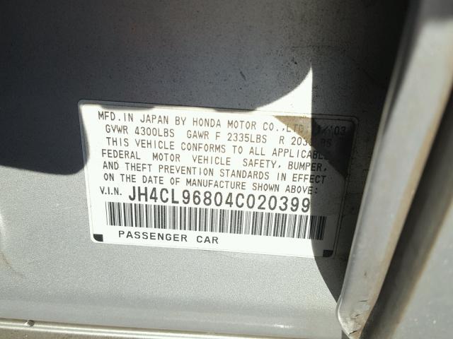 JH4CL96804C020399 - 2004 ACURA TSX SILVER photo 10