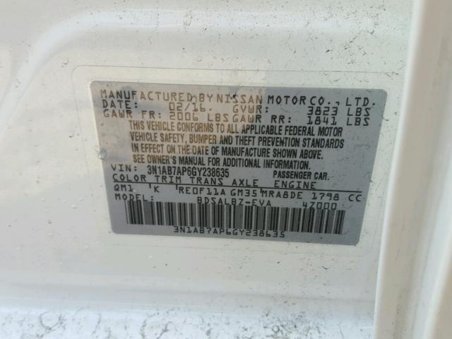 3N1AB7AP6GY238635 - 2016 NISSAN SENTRA S WHITE photo 10