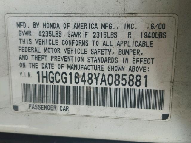 1HGCG1648YA085881 - 2000 HONDA ACCORD LX WHITE photo 10