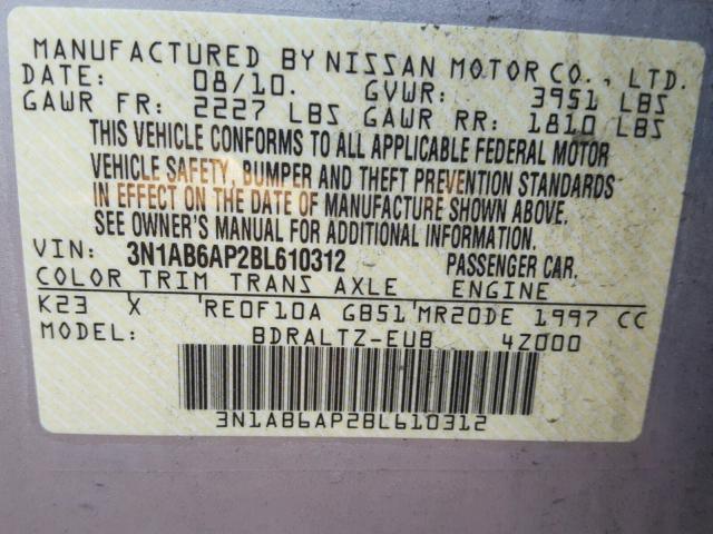 3N1AB6AP2BL610312 - 2011 NISSAN SENTRA 2.0 SILVER photo 10