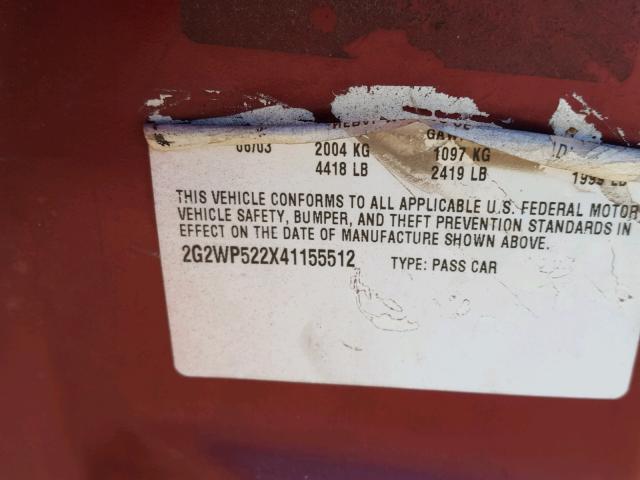 2G2WP522X41155512 - 2004 PONTIAC GRAND PRIX BURGUNDY photo 10