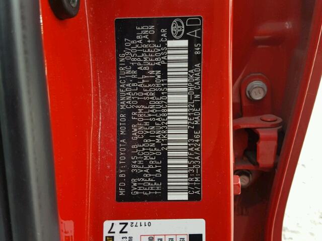 2T1KR32E88C701511 - 2008 TOYOTA COROLLA MA RED photo 10