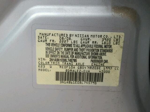 3N1AB61E08L745795 - 2008 NISSAN SENTRA 2.0 SILVER photo 10