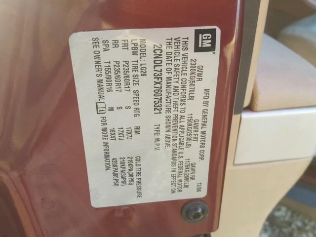 2CNDL73FX76075321 - 2007 CHEVROLET EQUINOX LT RED photo 10