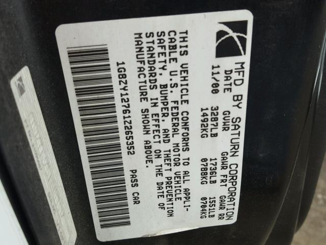 1G8ZY12761Z265352 - 2001 SATURN SC2 WHITE photo 10