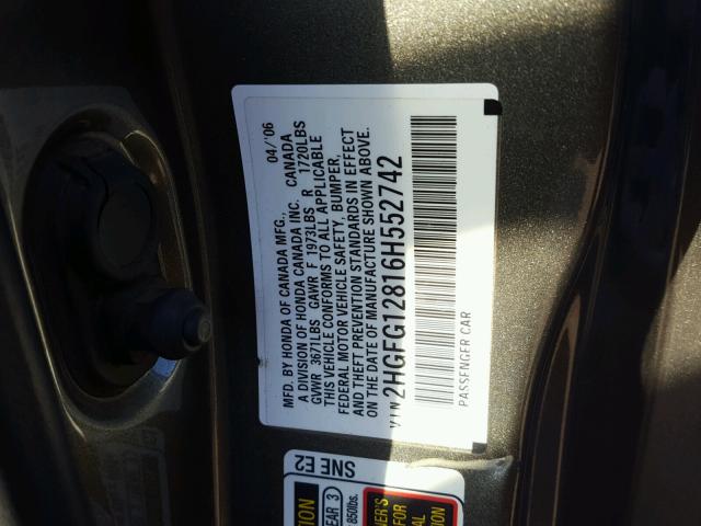 2HGFG12816H552742 - 2006 HONDA CIVIC EX 银色 照片 10