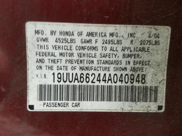 19UUA66244A040948 - 2004 ACURA TL MAROON photo 10