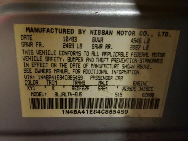 1N4BA41E84C865459 - 2004 NISSAN MAXIMA SE SILVER photo 10