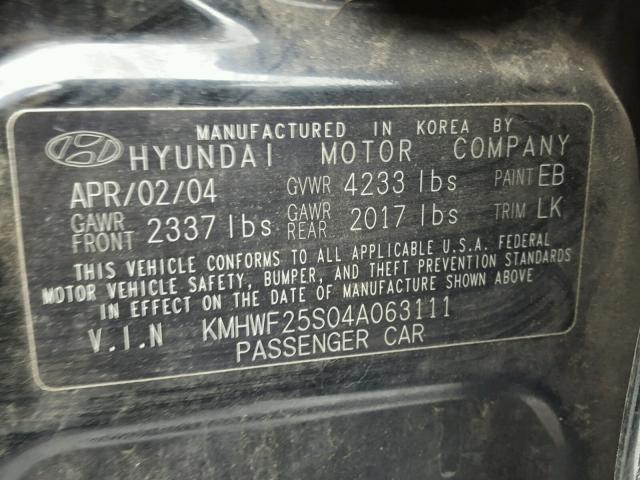 KMHWF25S04A063111 - 2004 HYUNDAI SONATA GL BLACK photo 10