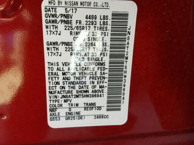 JN8AT2MT5HW396841 - 2017 NISSAN ROGUE S RED photo 10