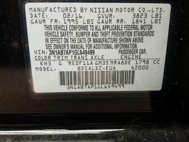 3N1AB7AP1GL649499 - 2016 NISSAN SENTRA S BLACK photo 10