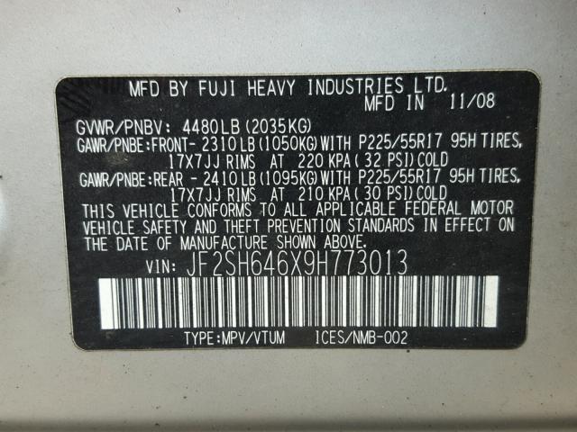 JF2SH646X9H773013 - 2009 SUBARU FORESTER 2 SILVER photo 10