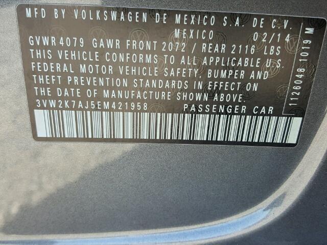3VW2K7AJ5EM421958 - 2014 VOLKSWAGEN JETTA BASE GRAY photo 10