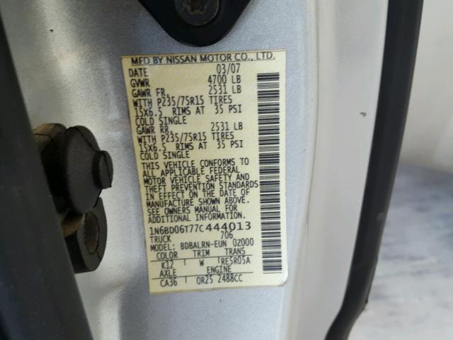 1N6BD06T77C444013 - 2007 NISSAN FRONTIER K SILVER photo 10