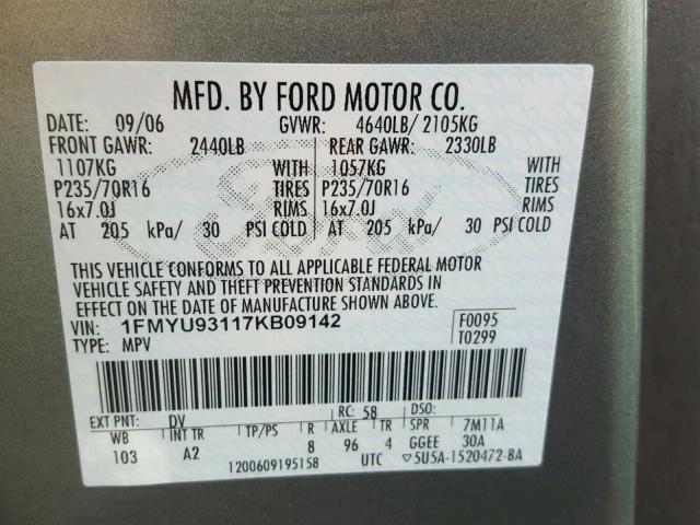 1FMYU93117KB09142 - 2007 FORD ESCAPE XLT BLUE photo 10