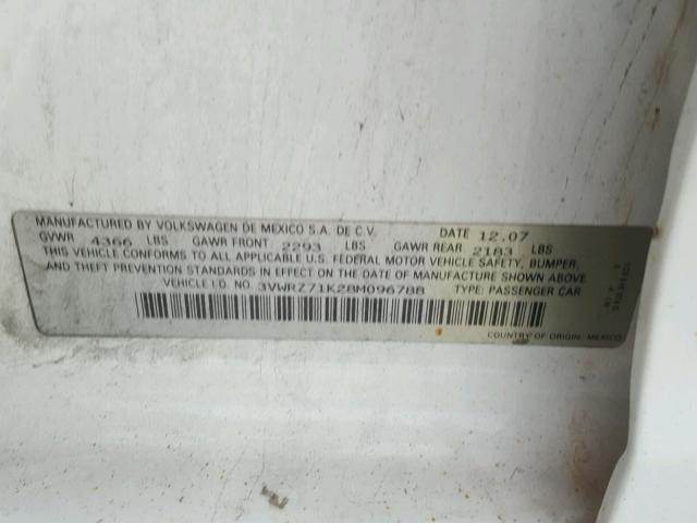 3VWRZ71K28M096788 - 2008 VOLKSWAGEN JETTA SE Ağ foto 10