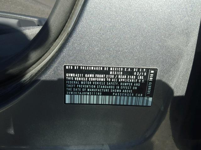 3VW2K7AJ0FM311160 - 2015 VOLKSWAGEN JETTA BASE GRAY photo 10