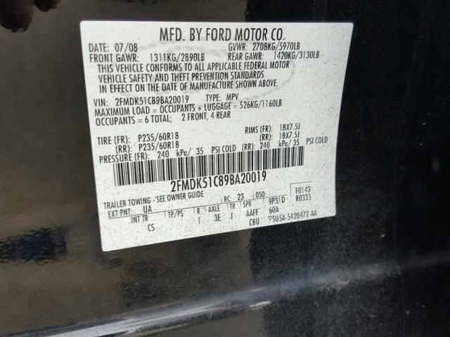 2FMDK51C89BA20019 - 2009 FORD FLEX SE BLACK photo 10