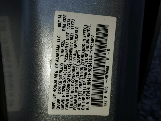 5FNRL5H41FB004104 - 2015 HONDA ODYSSEY EX SILVER photo 10