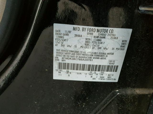 2FMDK38C78BA35751 - 2008 FORD EDGE SEL BLACK photo 10