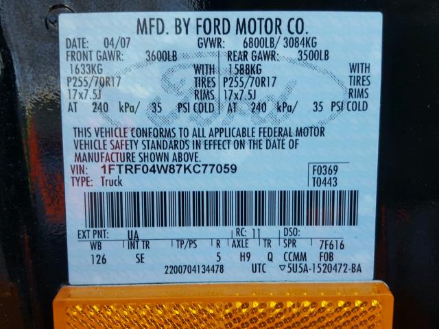 1FTRF04W87KC77059 - 2007 FORD F150 BLACK photo 10