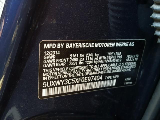 5UXWY3C5XF0E97404 - 2015 BMW X3 XDRIVE2 BLUE photo 10