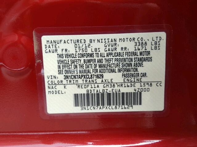 3N1CN7APXCL871629 - 2012 NISSAN VERSA S RED photo 10