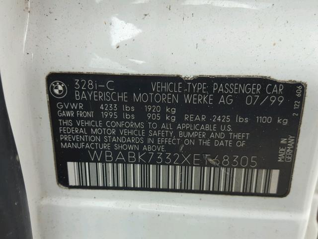 WBABK7332XET68305 - 1999 BMW 328 IC WHITE photo 10
