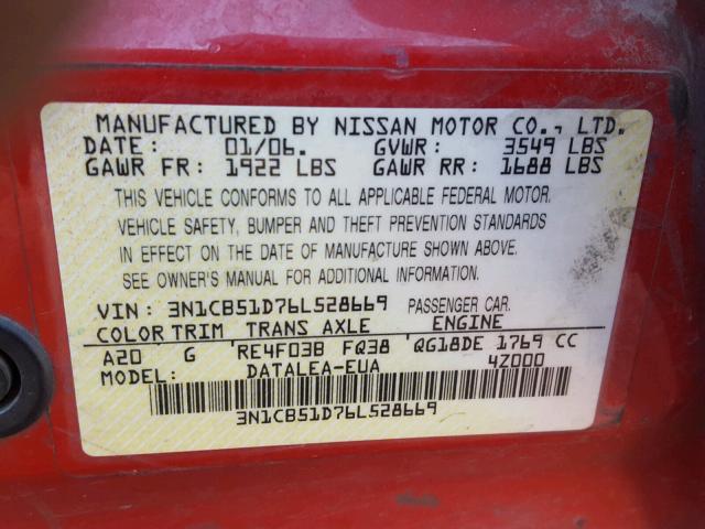 3N1CB51D76L528669 - 2006 NISSAN SENTRA 1.8 RED photo 10