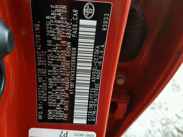 4T1BF1FKXCU588908 - 2012 TOYOTA CAMRY BASE RED photo 10