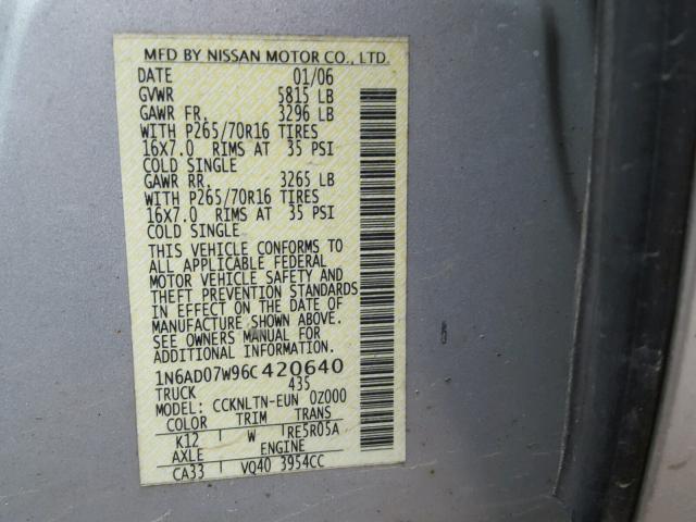 1N6AD07W96C420640 - 2006 NISSAN FRONTIER C SILVER photo 10