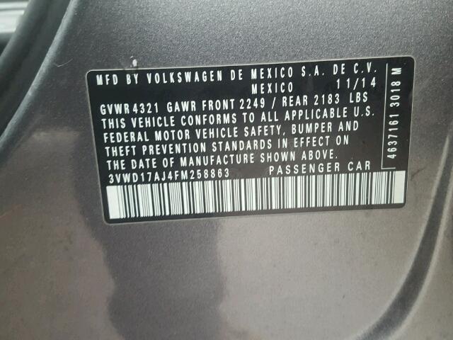 3VWD17AJ4FM258863 - 2015 VOLKSWAGEN JETTA SE 灰色 照片 10