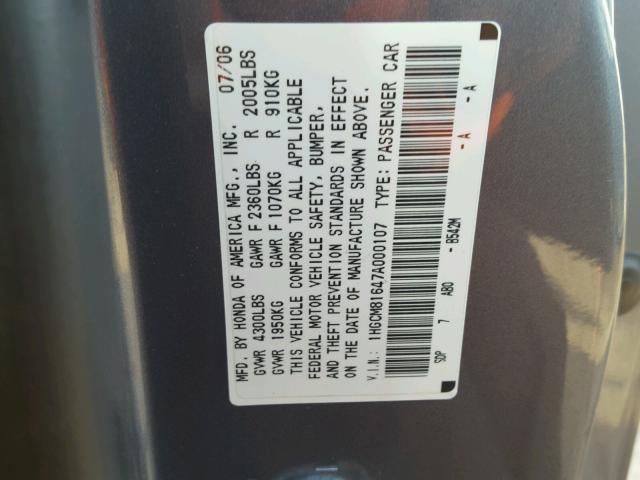 1HGCM81647A000107 - 2007 HONDA ACCORD EX GRAY photo 10