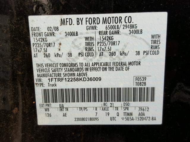 1FTRF12258KD36009 - 2008 FORD F150 BLACK photo 10