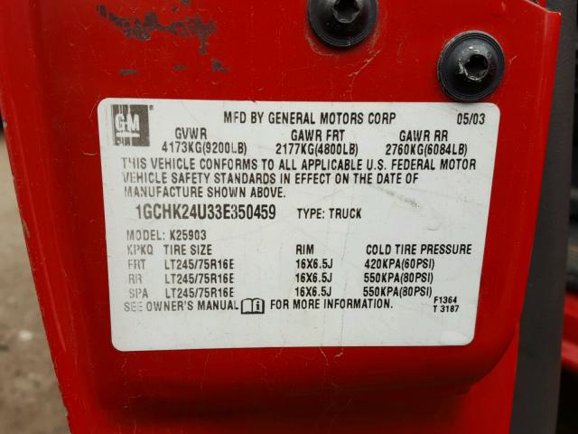 1GCHK24U33E350459 - 2003 CHEVROLET SILVERADO RED photo 10