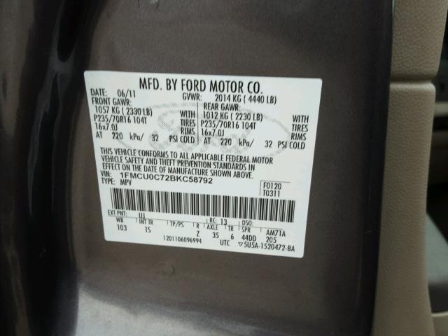 1FMCU0C72BKC58792 - 2011 FORD ESCAPE XLS GRAY photo 10